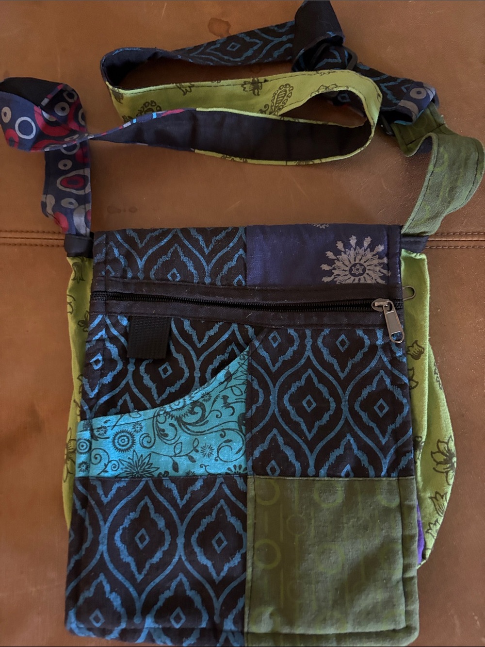 Bohemian Patchwork Crossbody Shoulder Bag in Black, Blue & Green